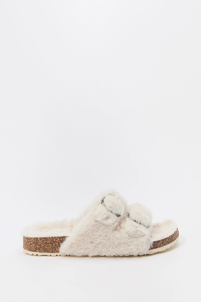 Faux Fur Buckled Cork Slide