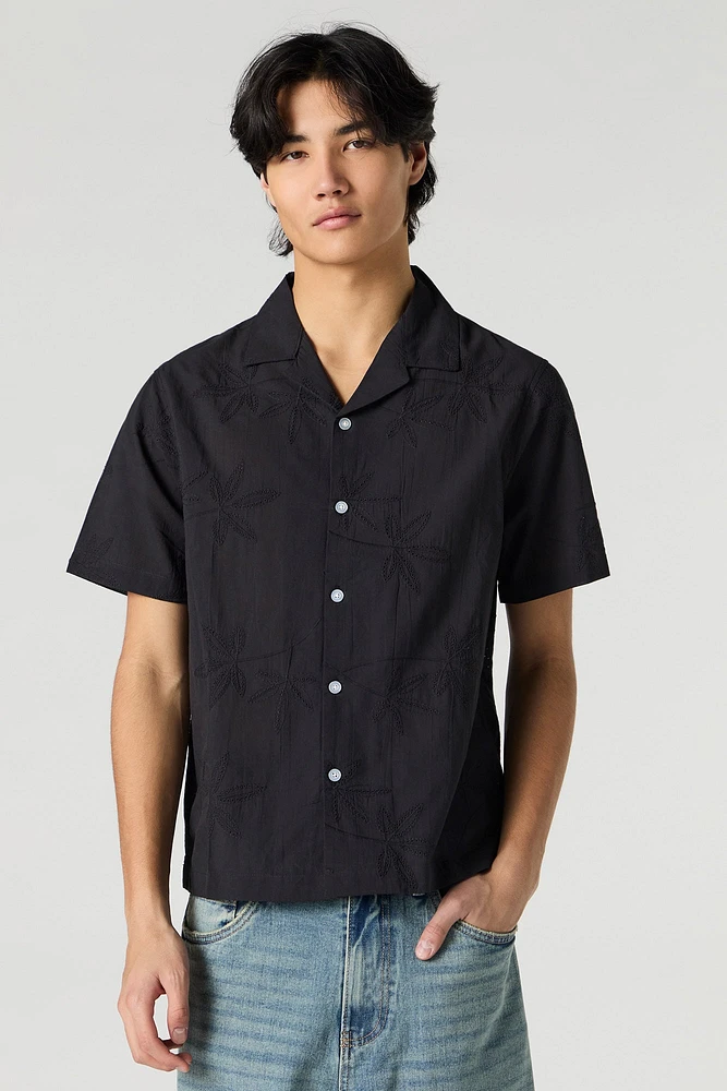 Eyelet Leaf Embroidered Button-Up Top