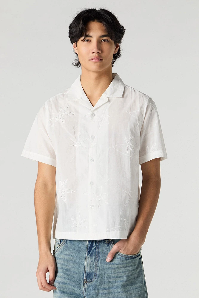 Eyelet Leaf Embroidered Button-Up Top