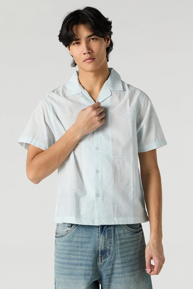 Eyelet Leaf Embroidered Button-Up Top