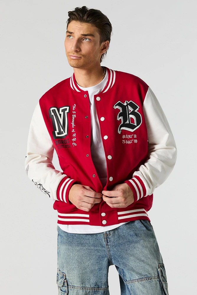 Embroidered Graphic Fleece Varsity Jacket