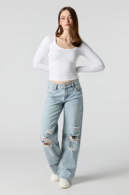 Distressed Light Wash Low Rise Wide Leg Jean