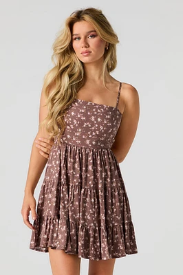 Floral Tie Back Tiered Mini Dress with Built-In Cups