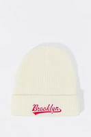 City Embroidered Ribbed Knit Beanie