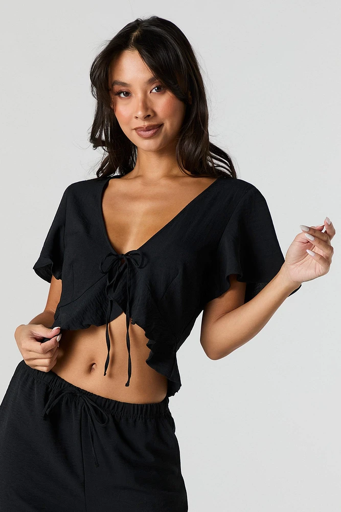 Flowy Tie Front Ruffle Crop Top