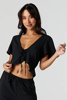 Flowy Tie Front Ruffle Crop Top