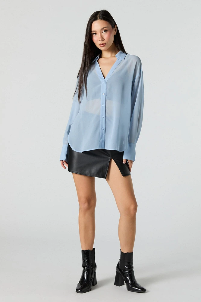 Mesh Long Sleeve Button-Up Top