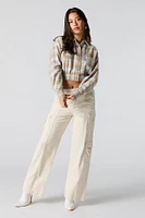 Plaid Button-Up Cropped Long Sleeve Top