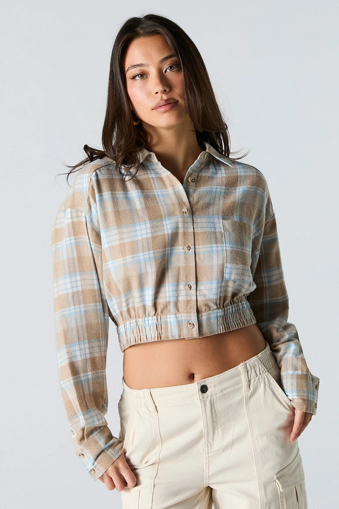 Plaid Button-Up Cropped Long Sleeve Top