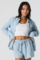 Linen-Blend Button-Up Long Sleeve Top