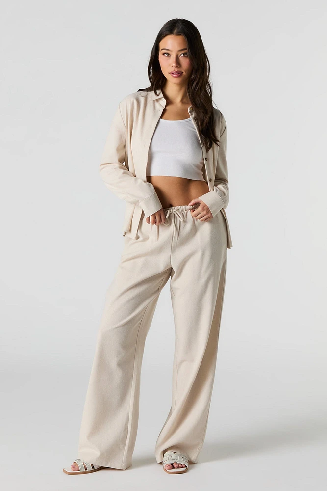 Linen-Blend Drawstring Wide Leg Pant