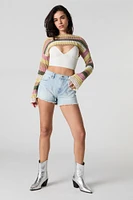 Elastic Waist Frayed Denim Short