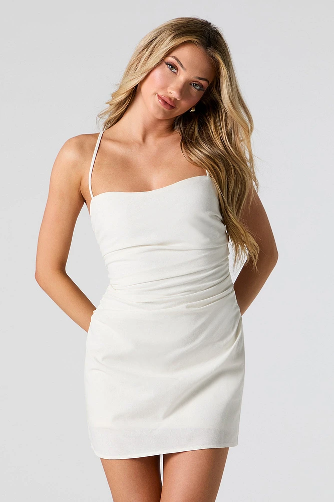 Linen-Blend Lace-Up Back Mini Dress