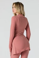 Ribbed Asymmetrical Slit Long Sleeve Top