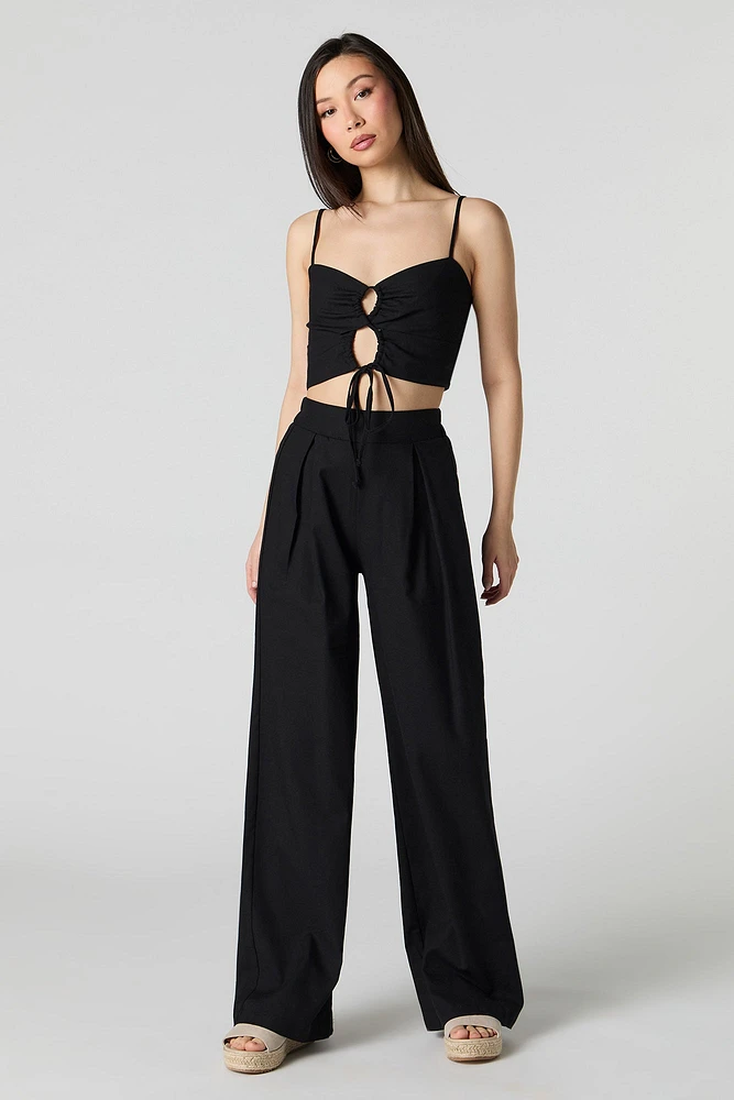 Pantalon à jambe large en mélange de lin plissé
