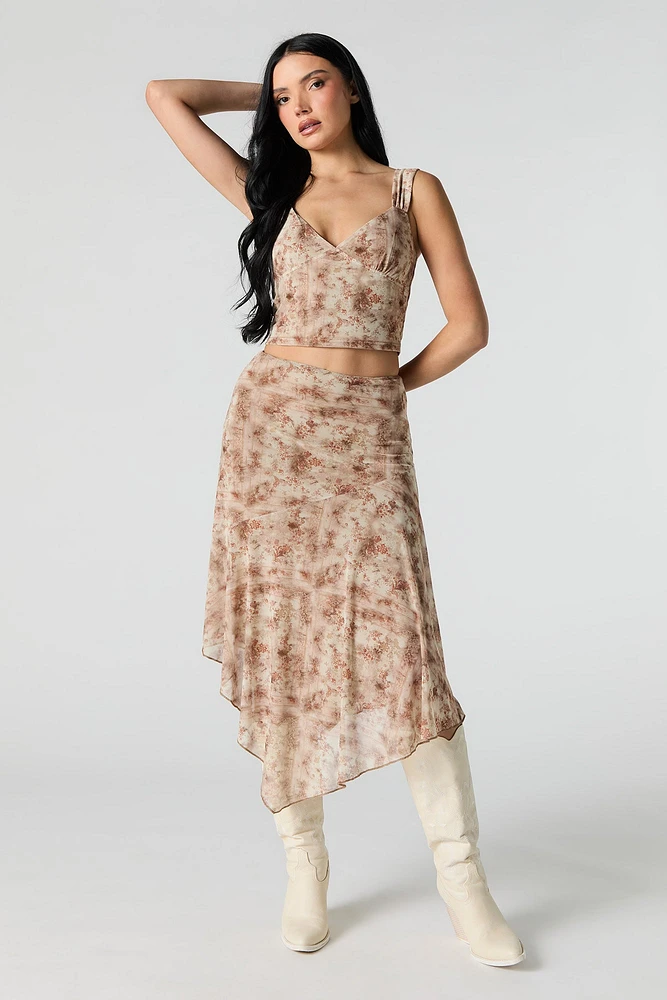 Printed Mesh Asymmetrical Midi Skirt