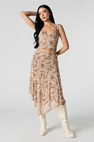 Printed Mesh Asymmetrical Midi Skirt