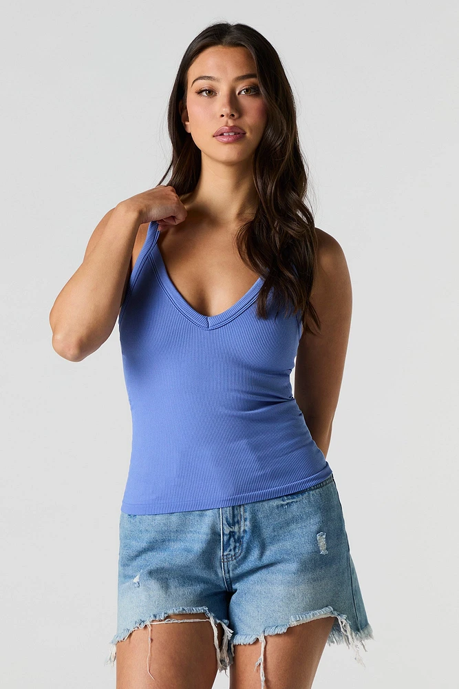 Seamless Ribbed V-Neck Tank with Built-In Cups