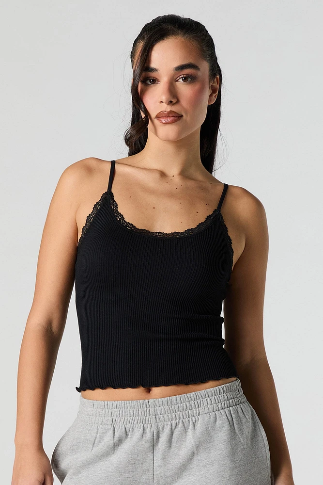 Camisole côtelée sans couture à encolure ronde et bordure de dentelle