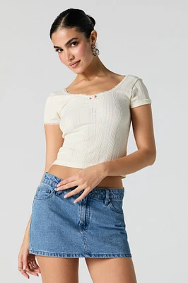 Pointelle Knit Rosette Lace Trim Top