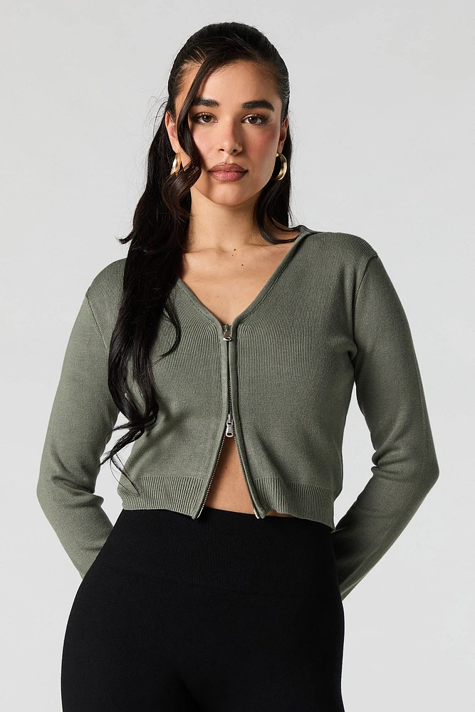 Ribbed Knit Zip-Up Sweater