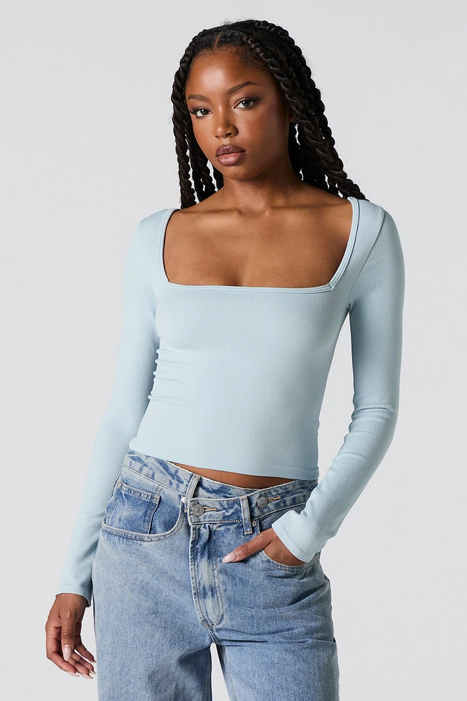 Ribbed Square Neck Long Sleeve Top