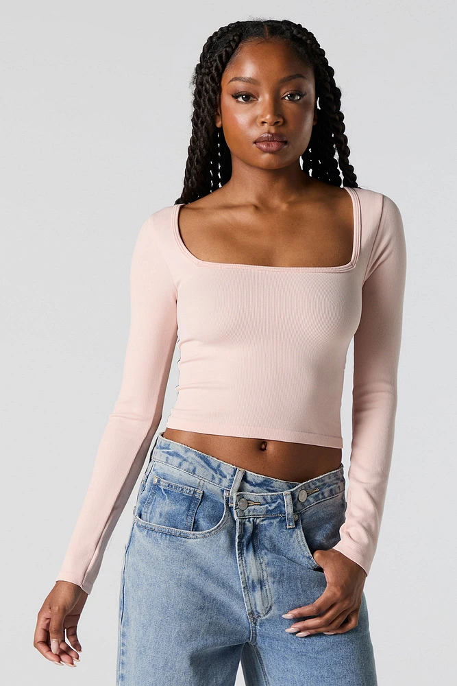 Ribbed Square Neck Long Sleeve Top