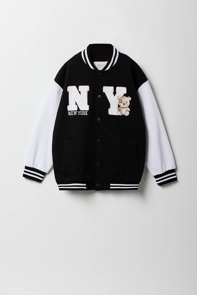 Blouson de style universitaire en molleton avec motif brodé chenille pour fille