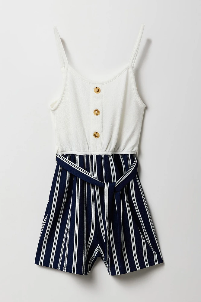 Girls Button Front Belted Romper