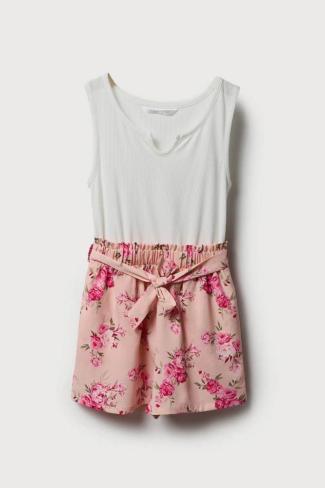 Girls Floral Belted Romper