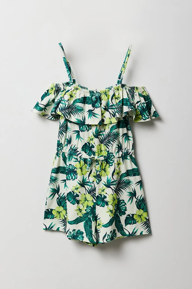 Girls Tropical Off Shoulder Ruffle Romper