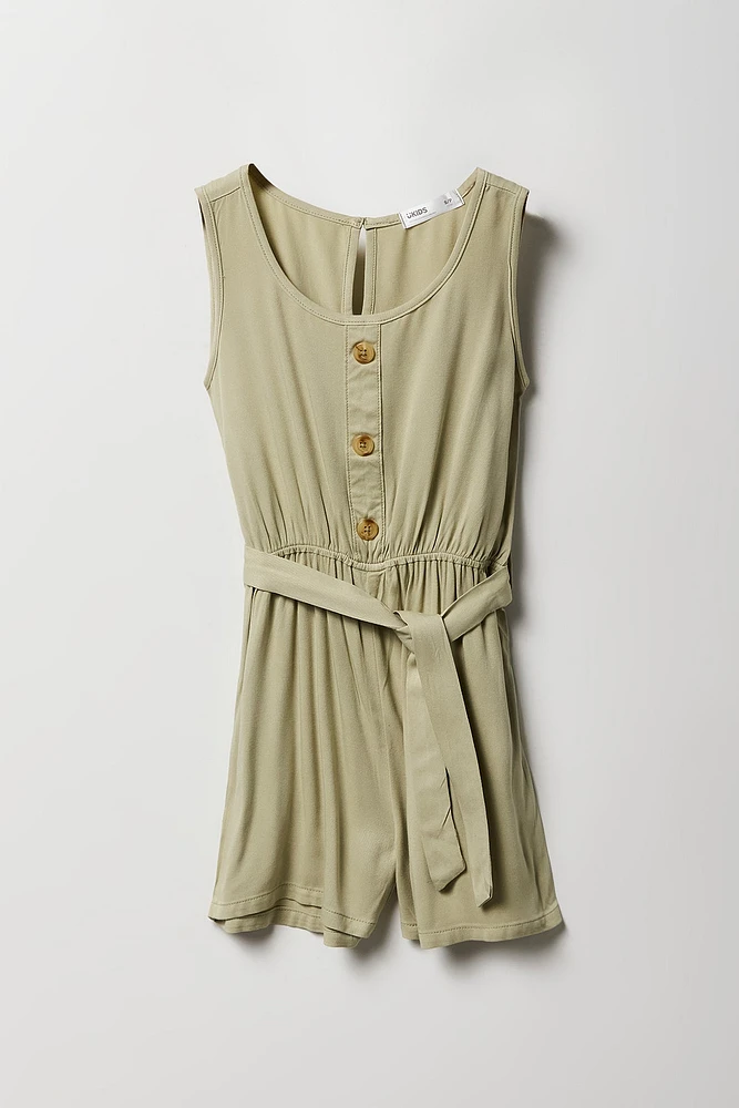 Girls Button Front Belted Romper