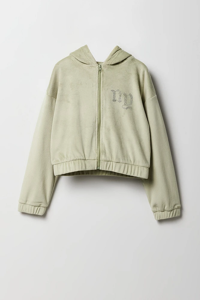 Girls Rhinestone Velour Zip-Up Hoodie
