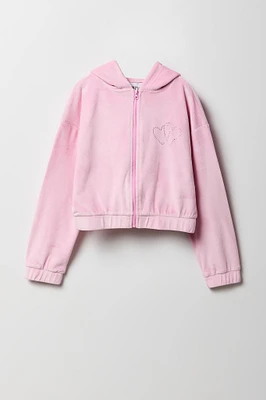 Girls Rhinestone Velour Zip-Up Hoodie