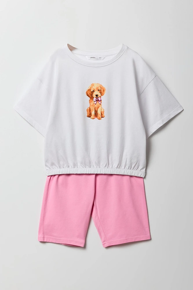 Girls Graphic Cinched T-Shirt & Biker Short 2 Piece Set