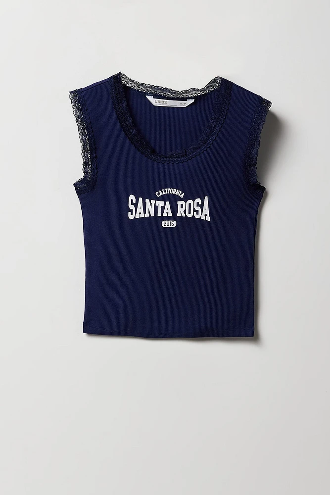 Girls City Graphic Ribbed Lace Trim Tank