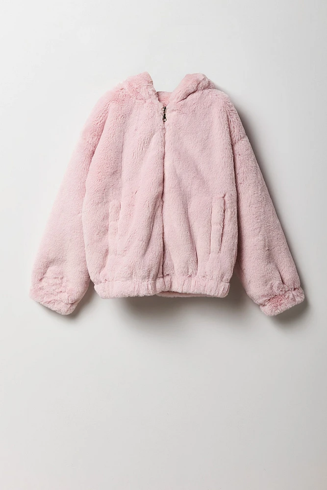 Girls Faux Fur Zip-Up Bomber