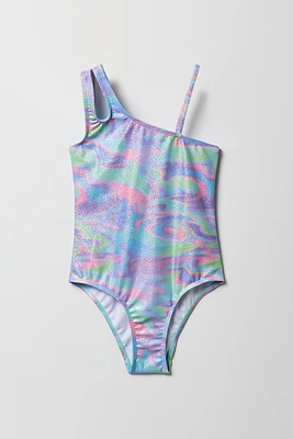 Girls Shiny One Shoulder Piece Swimsuit