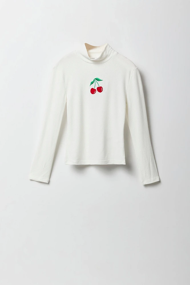 Col roulé côtelé avec motif brodé pour fille