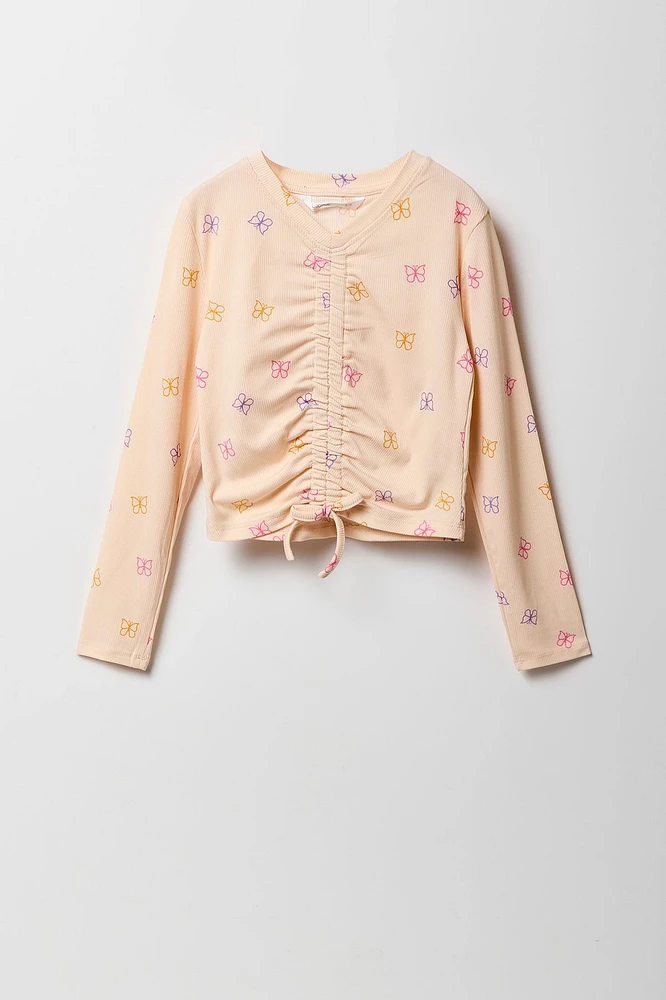 Girls Drawstring Front Long Sleeve Top