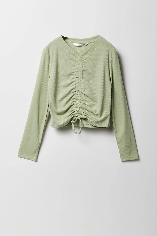 Girls Drawstring Front Long Sleeve Top