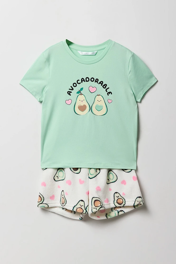 Girls Graphic T-Shirt & Plush Short 2 Piece Pajama Set