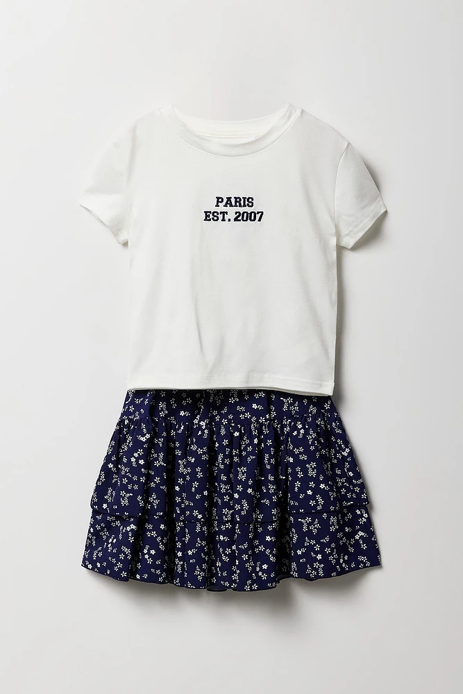 Girls Embroidered T-Shirt & Tiered Skirt 2 Piece Set
