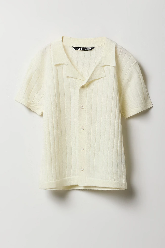 Boys Wide Ribbed Knit Button-Up Polo