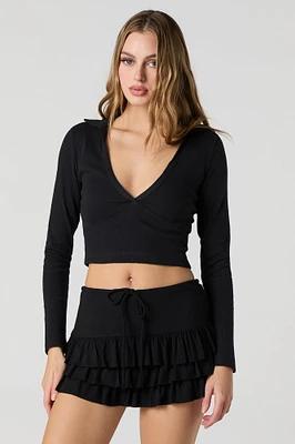 Ribbed Collared Cropped Long Sleeve Top