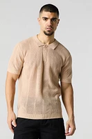 Textured Open Knit Polo T-Shirt