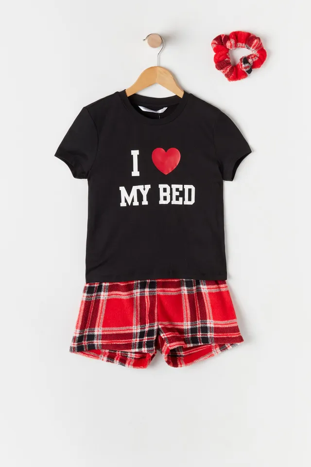 Urban Planet Girls Soft 3-Piece I Love My Bed Graphic T-Shirt And Plush Shorts With Scrunchie Pajama Set | Red | XS (6)