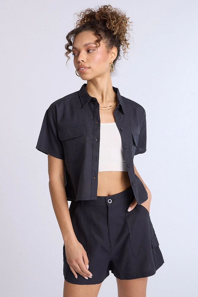 Cropped Linen-Blend Button-Up