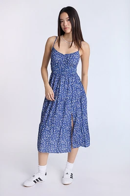 Smocked Waist Cross-Back Midi Dress
