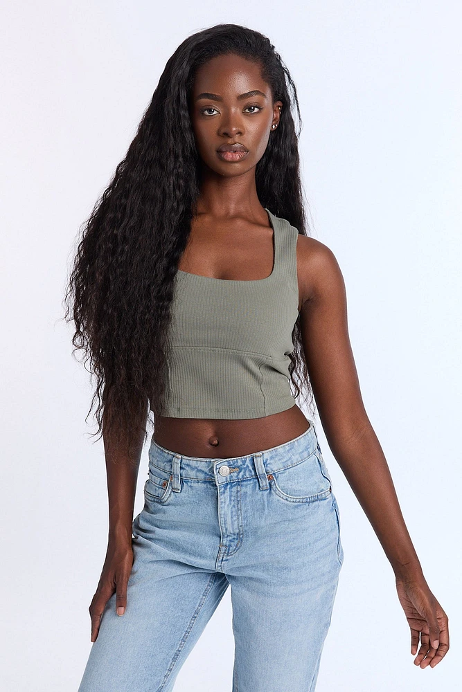 Ribbed Knit Square Neck Corset Tank Top